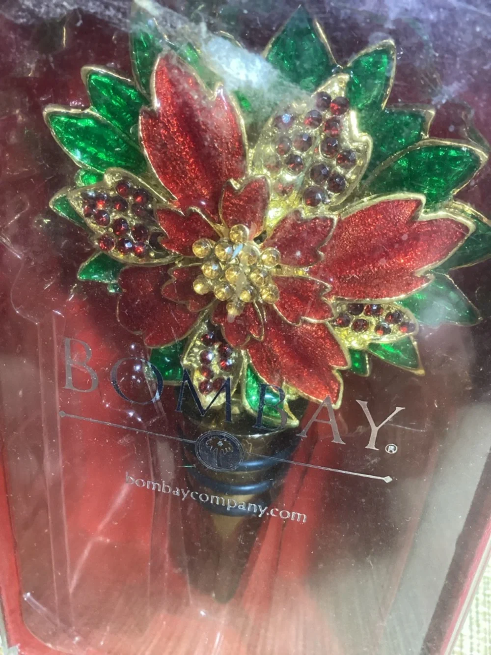 Bombay Red and Green Poinsettia Wine Bottle Stopper with Gold Accents